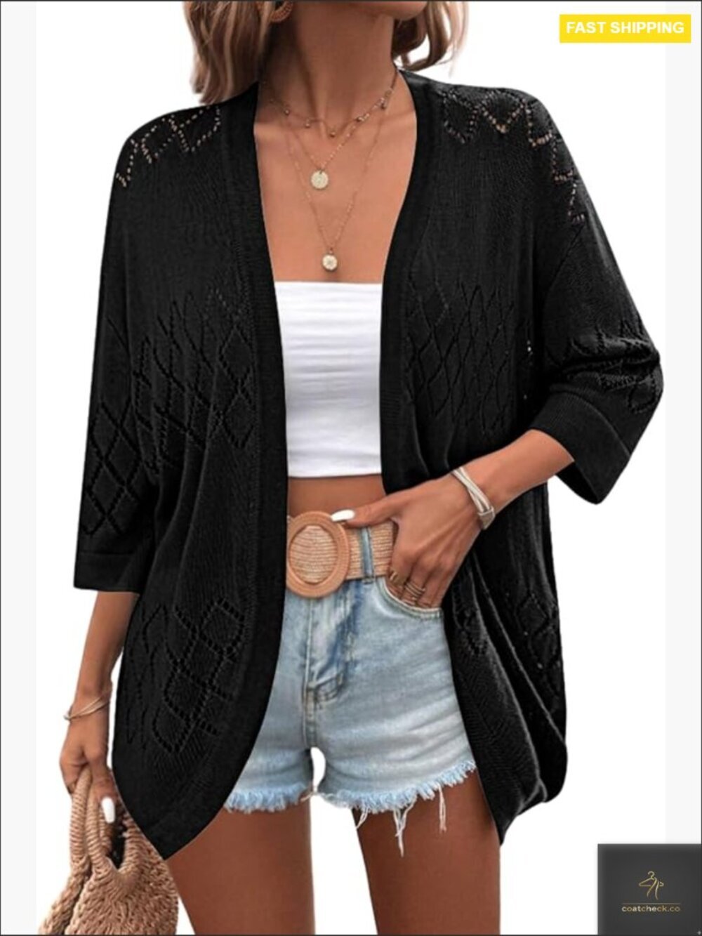 Lightweight Crochet Cardigan Open Front 3/4 Sleeve Knit Kimono Boho Summer
